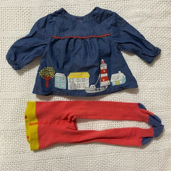 Baby Boden Denim Top Nautical Lighthouse Boat Applique Tights Set 0-3 Months - Picture 1 of 5